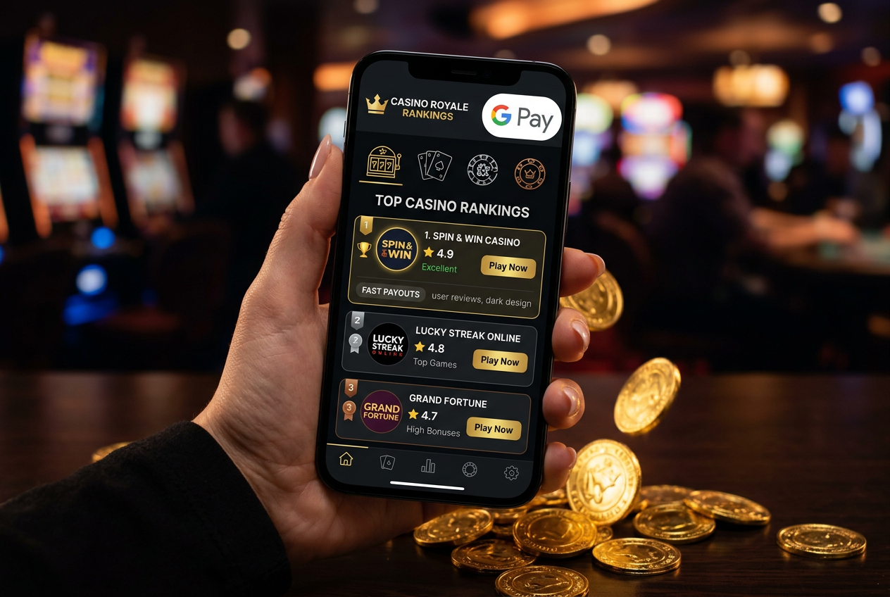 Interfejs rankingu kasyn na smartfonie z logo Google Pay i złotymi monetami