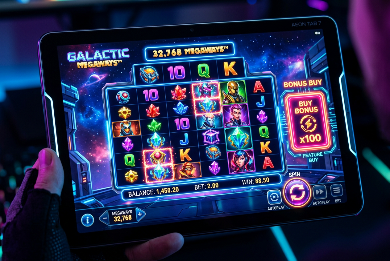 Modern digital slot machine interfaces with Megaways and Bonus Buy features displayed on a 2026 high-tech gaming tablet